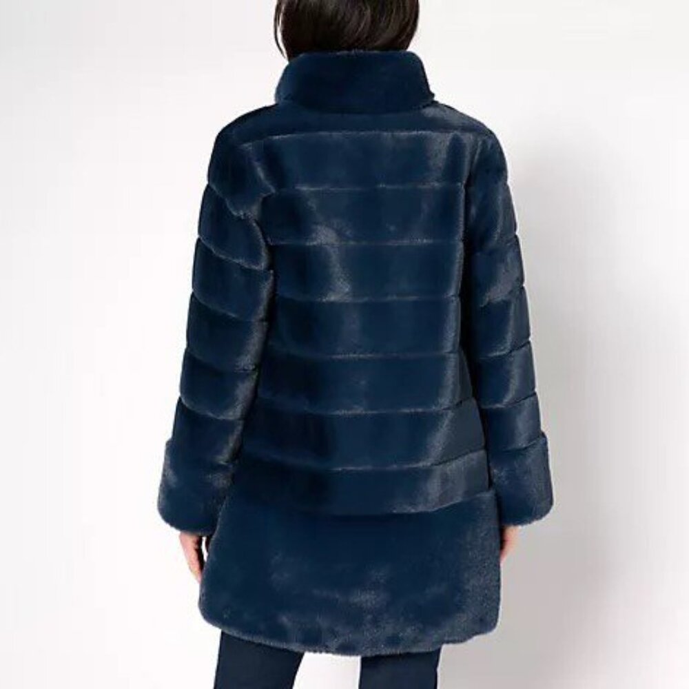 Dennis Basso Pelted Faux Fur Jacket/Coat with Stand Collar Size XL Slate Blue - Picture 2 of 6